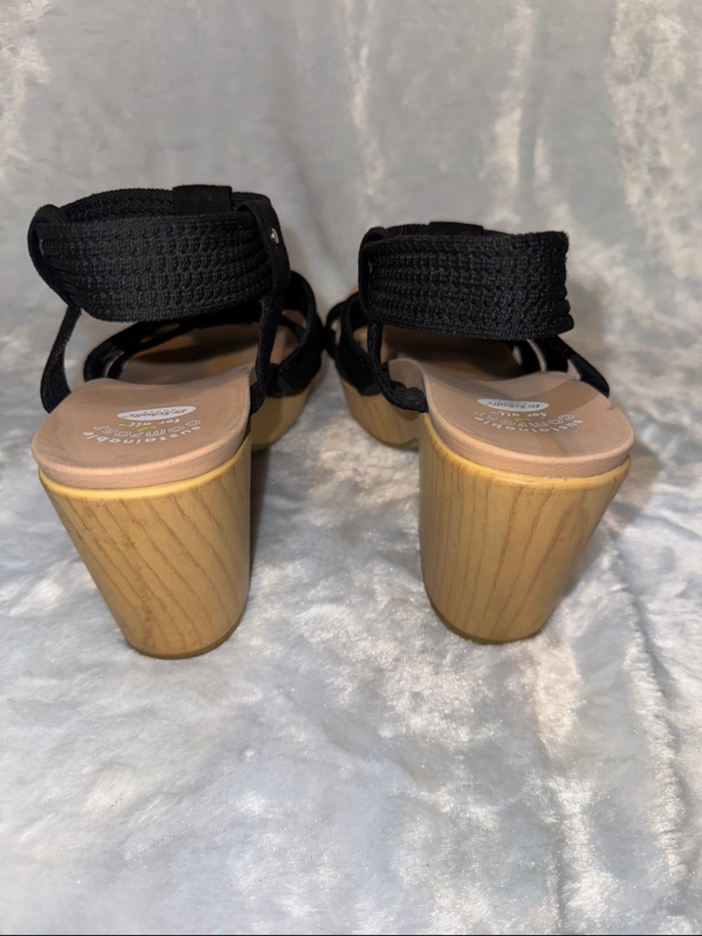 Dr. Scholl's Black Strappy Wedge Sandals with Wood-Tone Sole - Picture 5 of 7